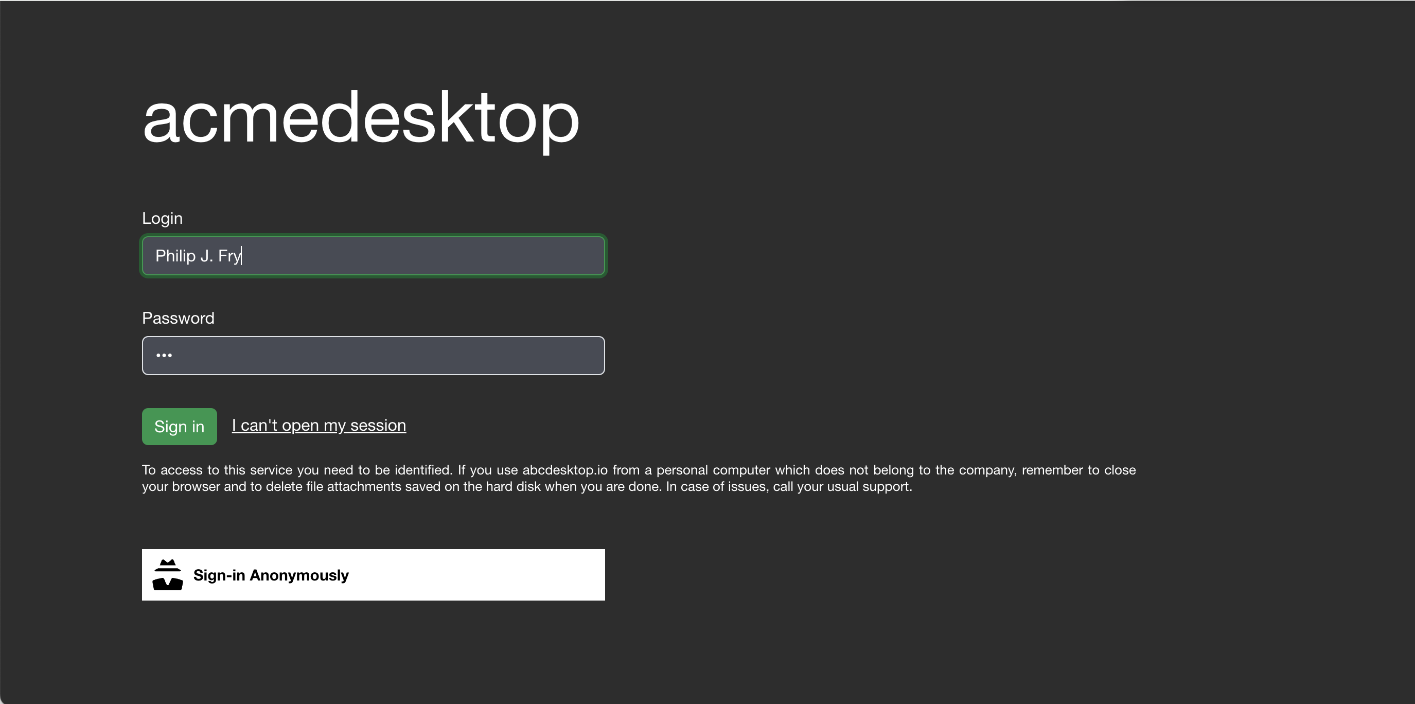 acme desktop login page