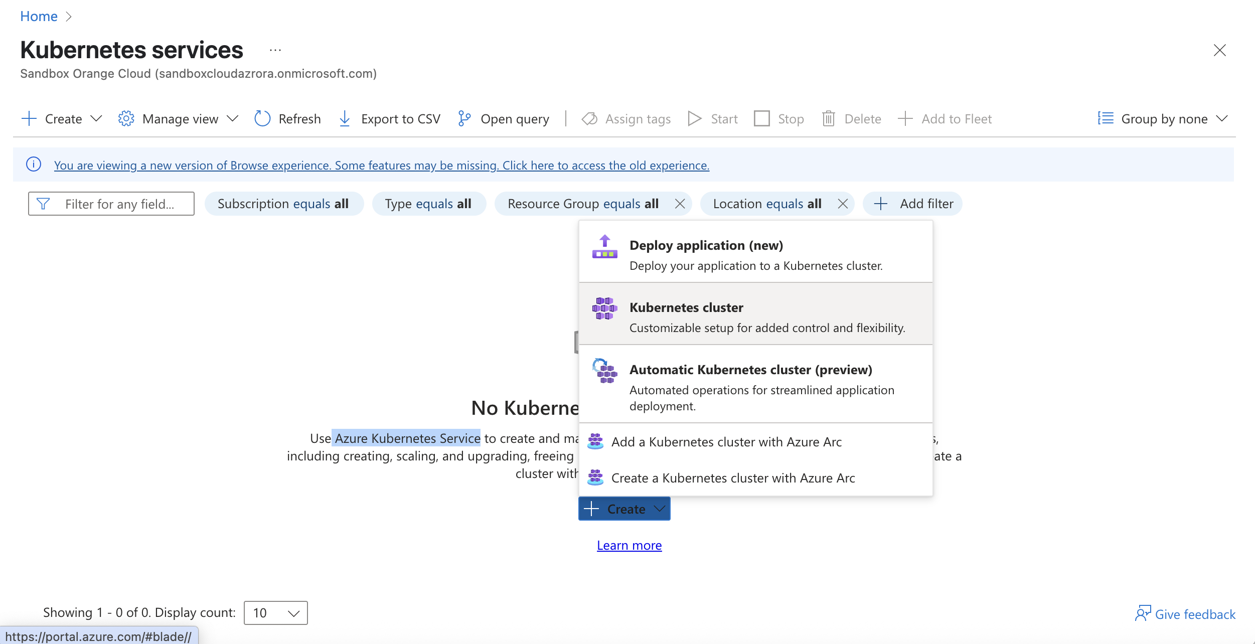 azure console kubernetes create cluster